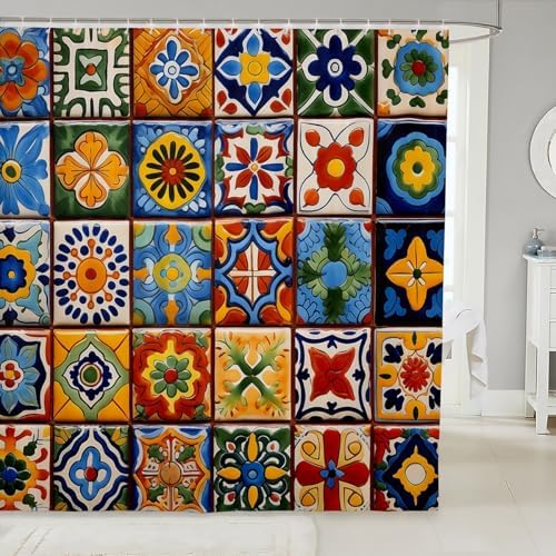 Erosebridal Mexican Talavera Tile Shower Curtain Set