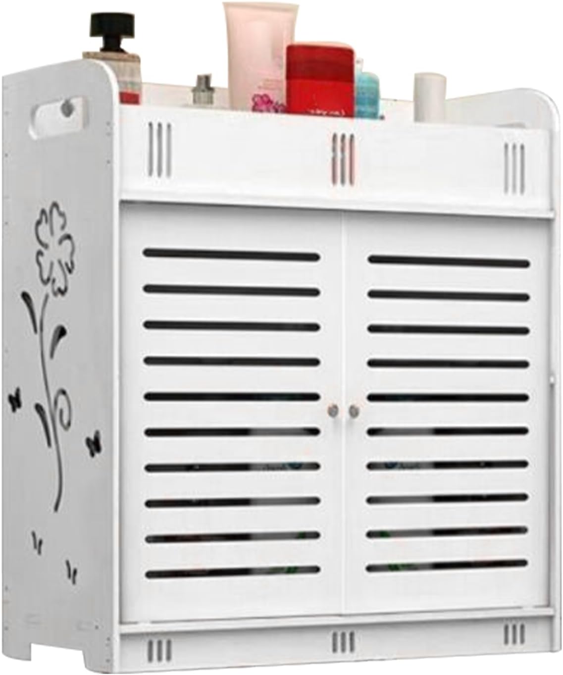 Bathroom Wall Cabinet with Multi-Grid Tiers and Hollow Flower Design