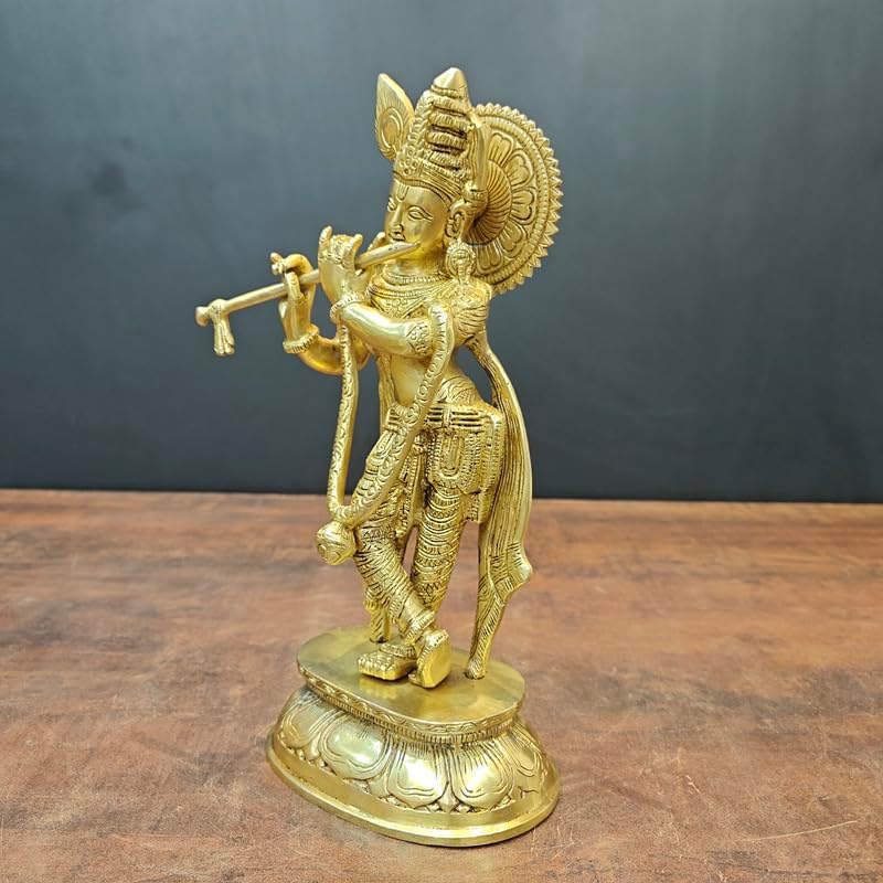 Statuestudio Standing Krishna Idol Golden Finish Brass Statue 115 Inch