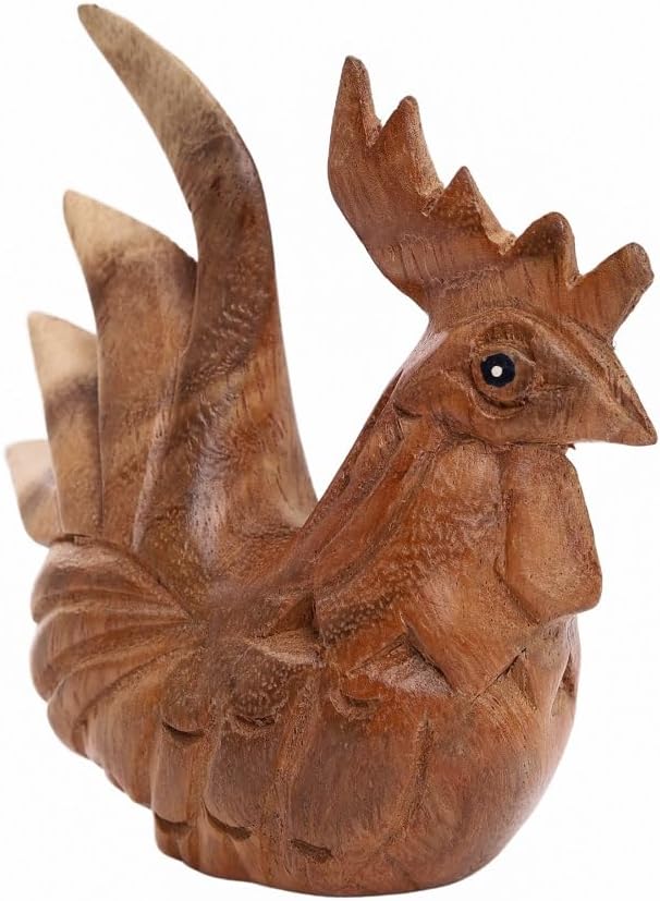 Thai Wooden Hand Carved Rooster Statue - Rustic Home Decor Accent