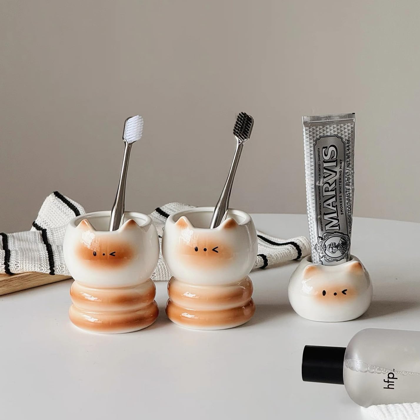Ceramic Toothbrush Cup Holder - Cute Cat Shape White