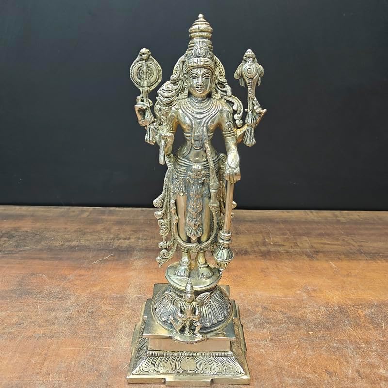 Statuestudio Lord Vishnu Standing Idol - 145 Inch Brass Gold Statue
