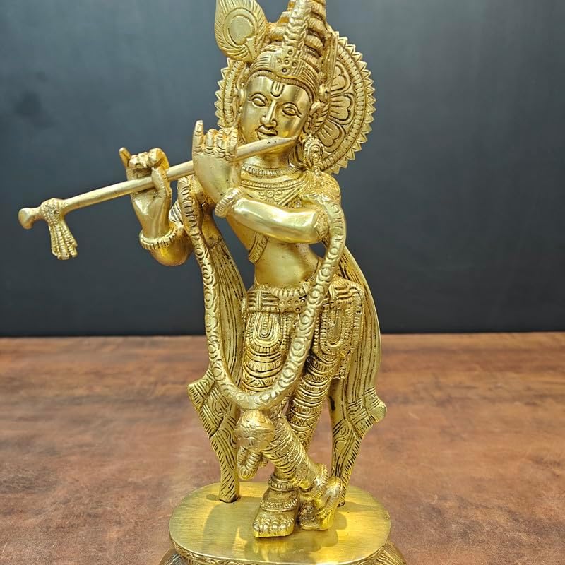 Statuestudio Standing Krishna Idol Golden Finish Brass Statue 115 Inch