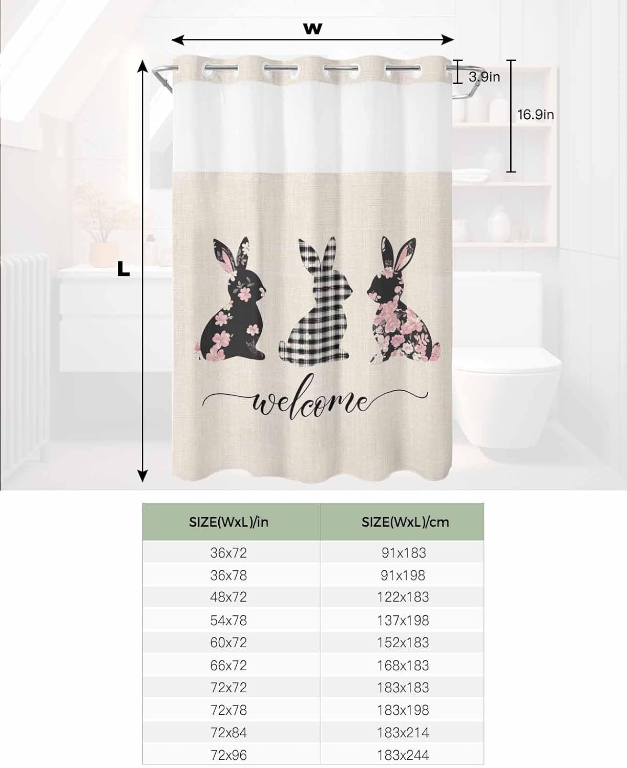 No Hook Easter Bunny Shower Curtain Set Black Checkered
