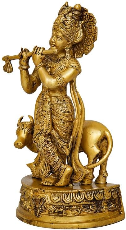 Statuestudio Krishna Idol with Cow - 125 Inch Brass Statue 1