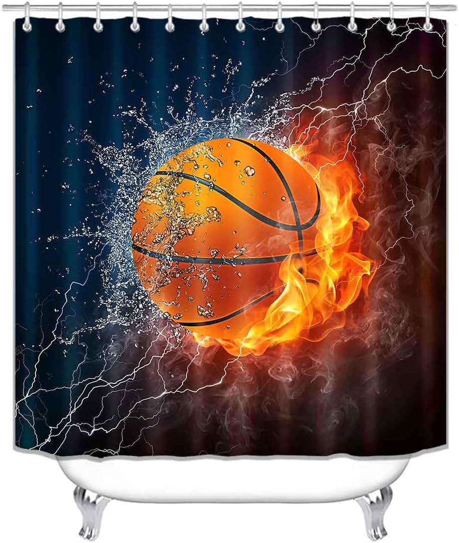 OLEBETY 4PCS Flaming Basketball Shower Curtain Set