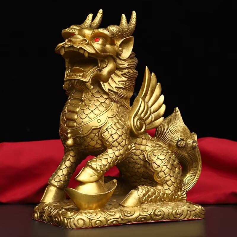 Brass Kirin Statue Fengshui Decor Home Office Ornament