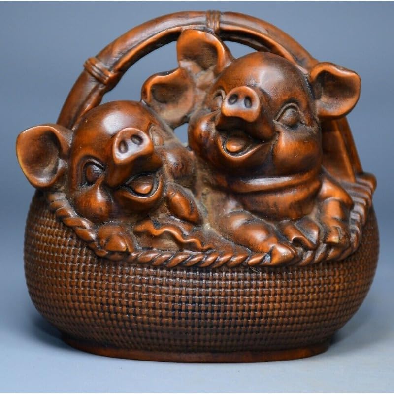LimpaC Collection Boxwood Two Pig Statues Handmade Meditating Sculpture Figurine