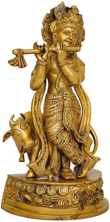 Statuestudio Krishna Idol with Cow - 125 Inch Brass Statue 1