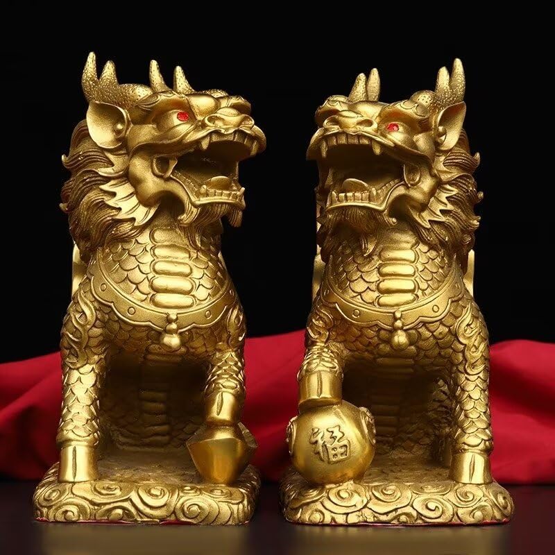 Brass Kirin Statue Fengshui Decor Home Office Ornament