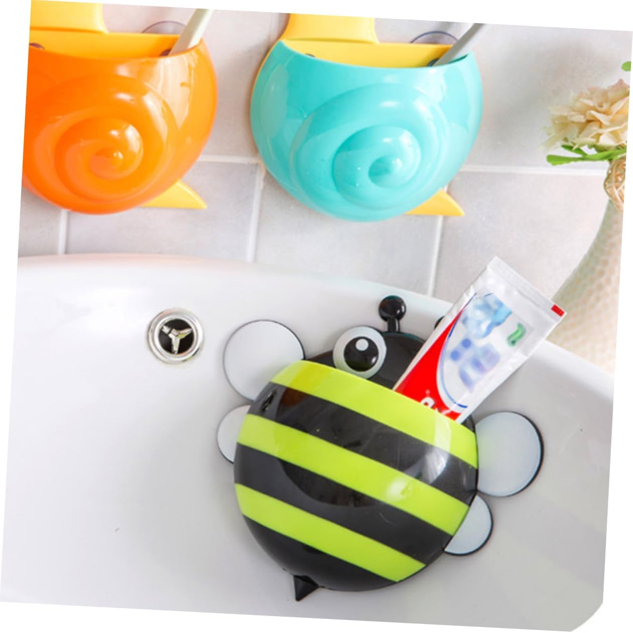 4pcs Cartoon Bee Wall Mount Toothbrush Holder with Suction Cup