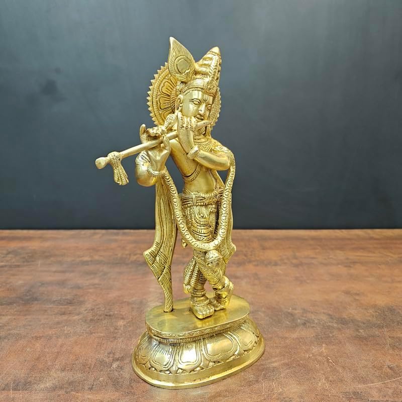 Statuestudio Standing Krishna Idol Golden Finish Brass Statue 115 Inch