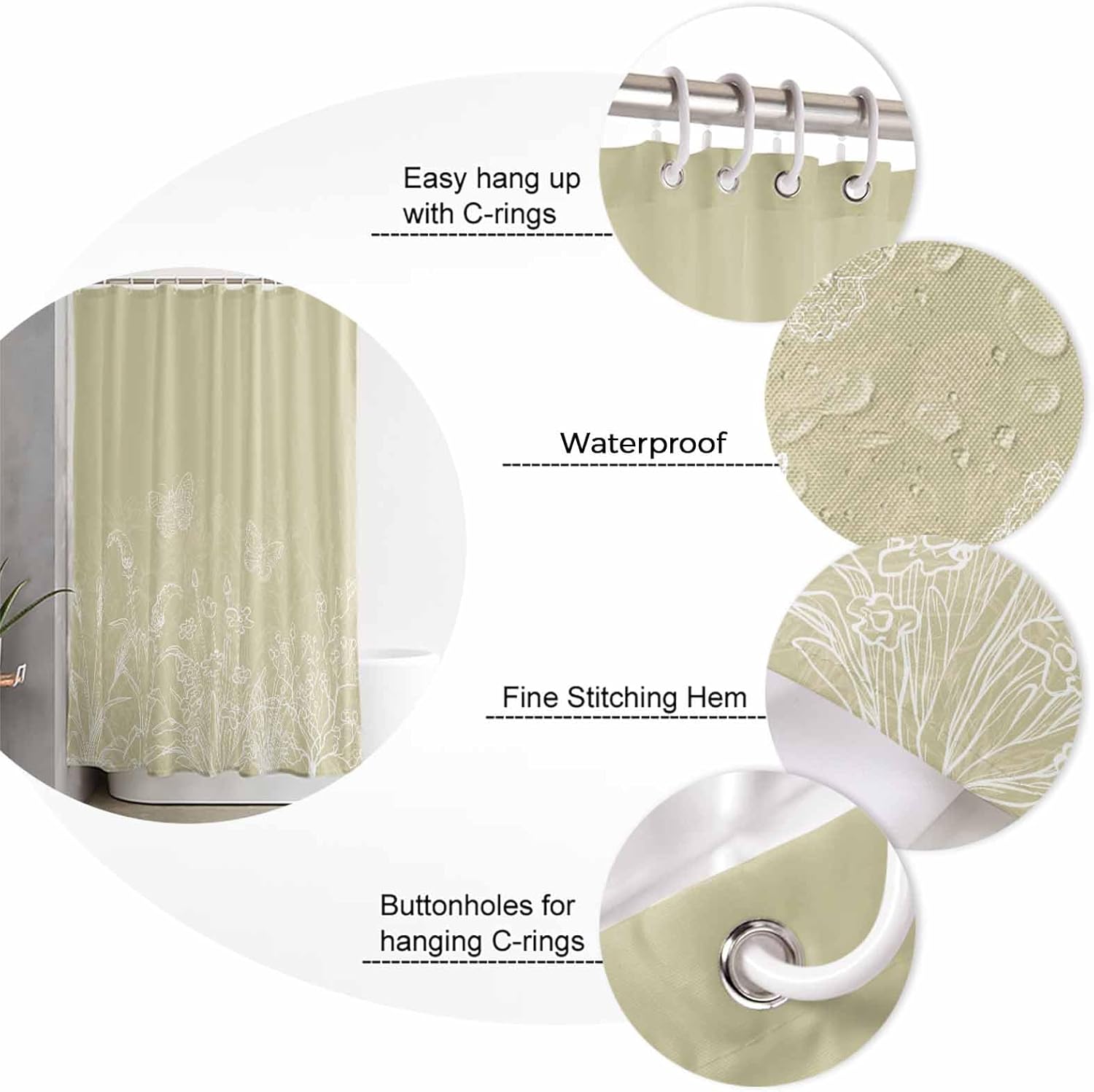ZOE GARDEN Ivory Yellow Floral Shower Curtain Set