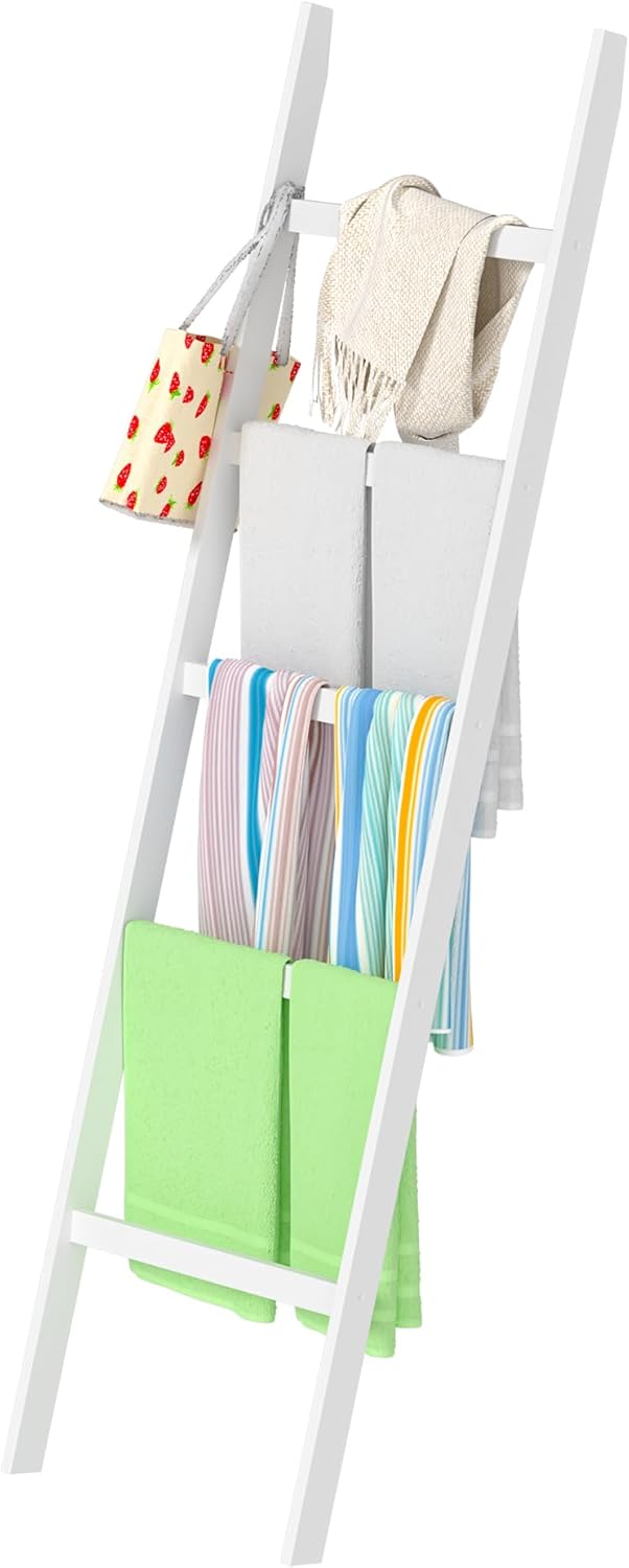 POXAKA 5-Tier Bamboo Blanket Ladder with White Lacquer