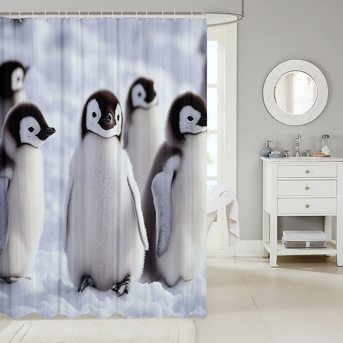 Penguin Shower Curtain Set For Boys 72x72 Inches With 12 Hooks