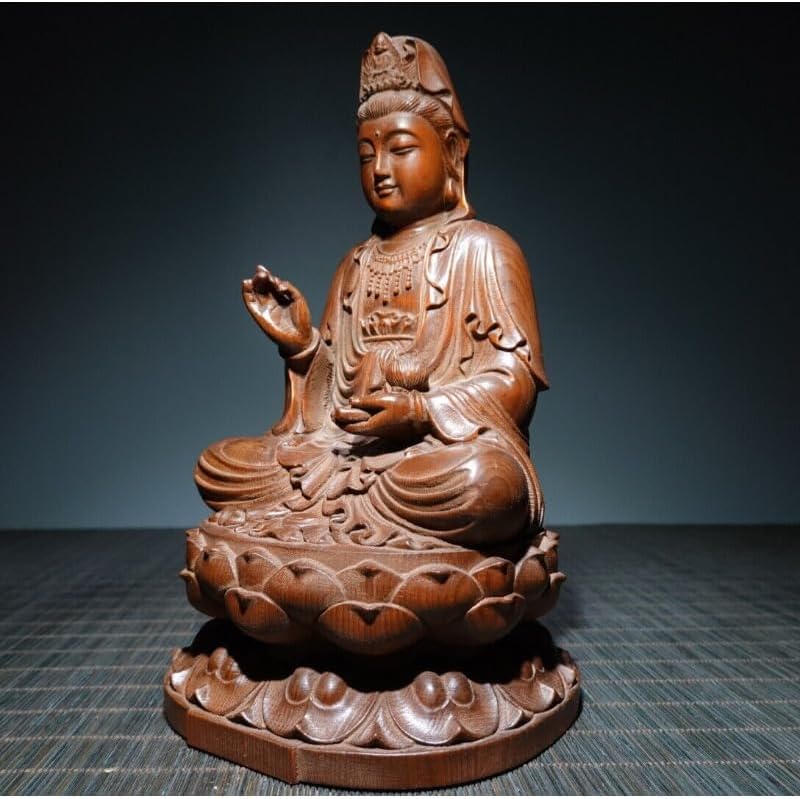 Handcrafted Boxwood Kwan-yin Sitting Lotus Statue
