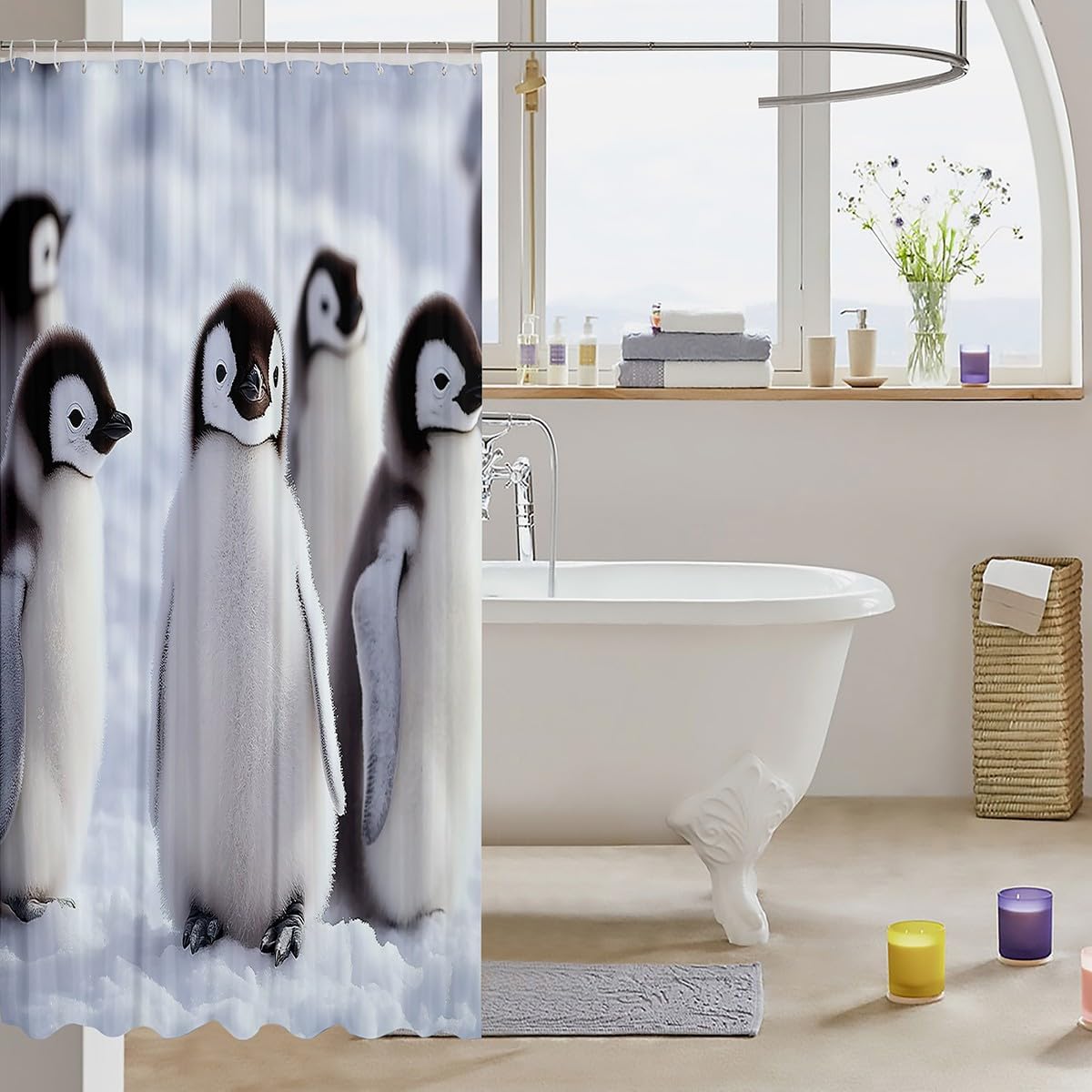 Penguin Shower Curtain Set For Boys 72x72 Inches With 12 Hooks