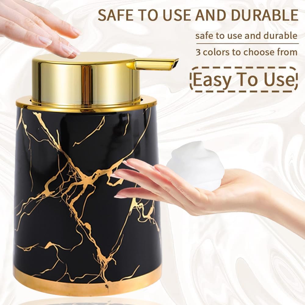 Ceramic Foaming Soap Dispenser with Gold Pump 135Oz White Marble Design
