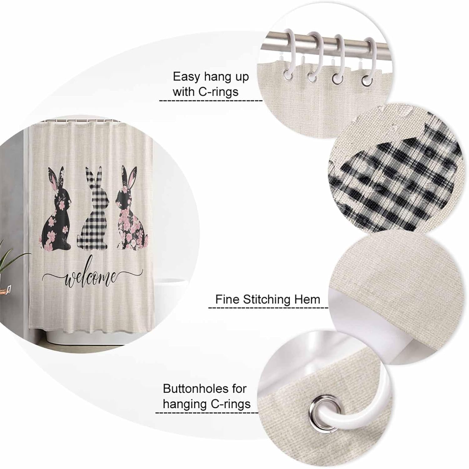 CosyBright Shower Curtain Set with Hooks 72x72 Inch Black Buffalo Plaid Easter Rabbits