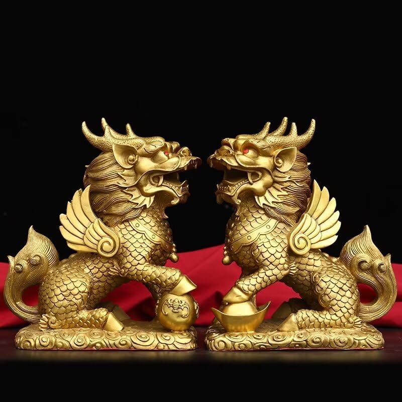 Brass Kirin Statue Fengshui Decor Home Office Ornament