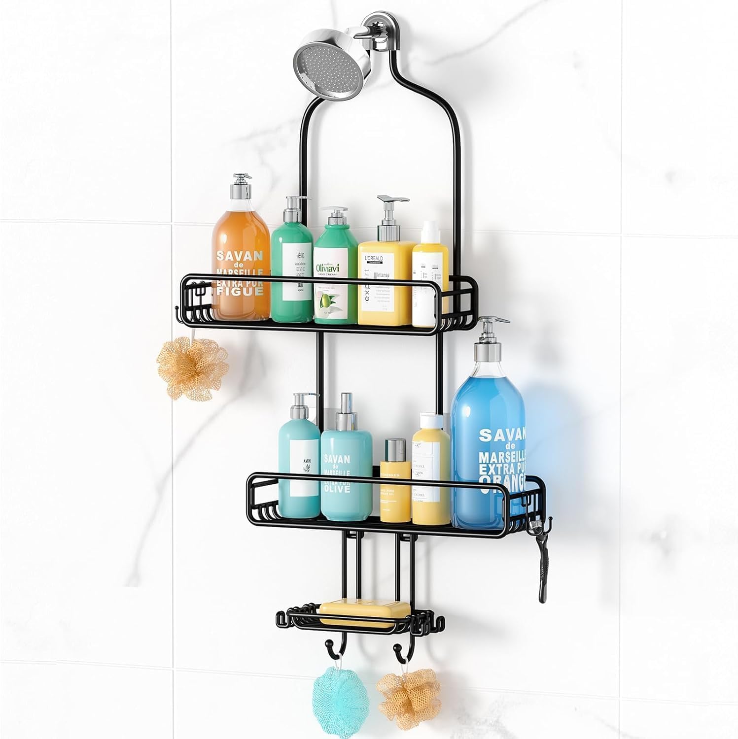 HAMITOR Adjustable Shower Caddy with 3-Tier Baskets and 4 Hooks - Black 1