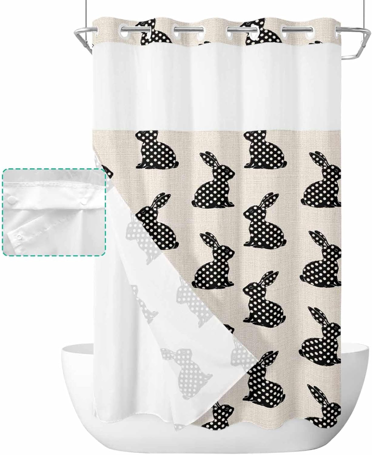 Anzona No Hook Easter Rabbit Shower Curtain Set