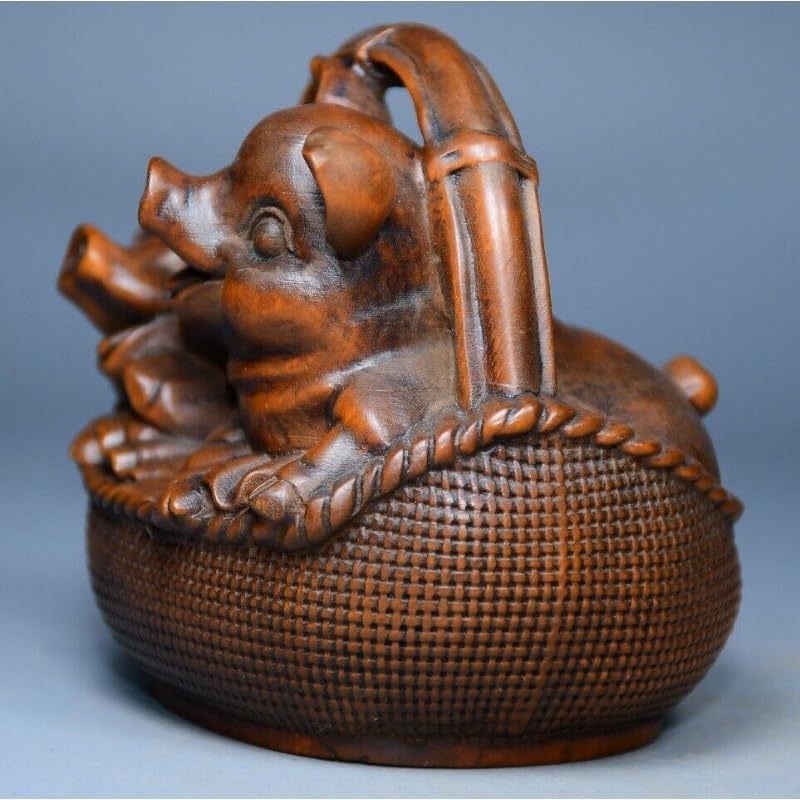 LimpaC Collection Boxwood Two Pig Statues Handmade Meditating Sculpture Figurine