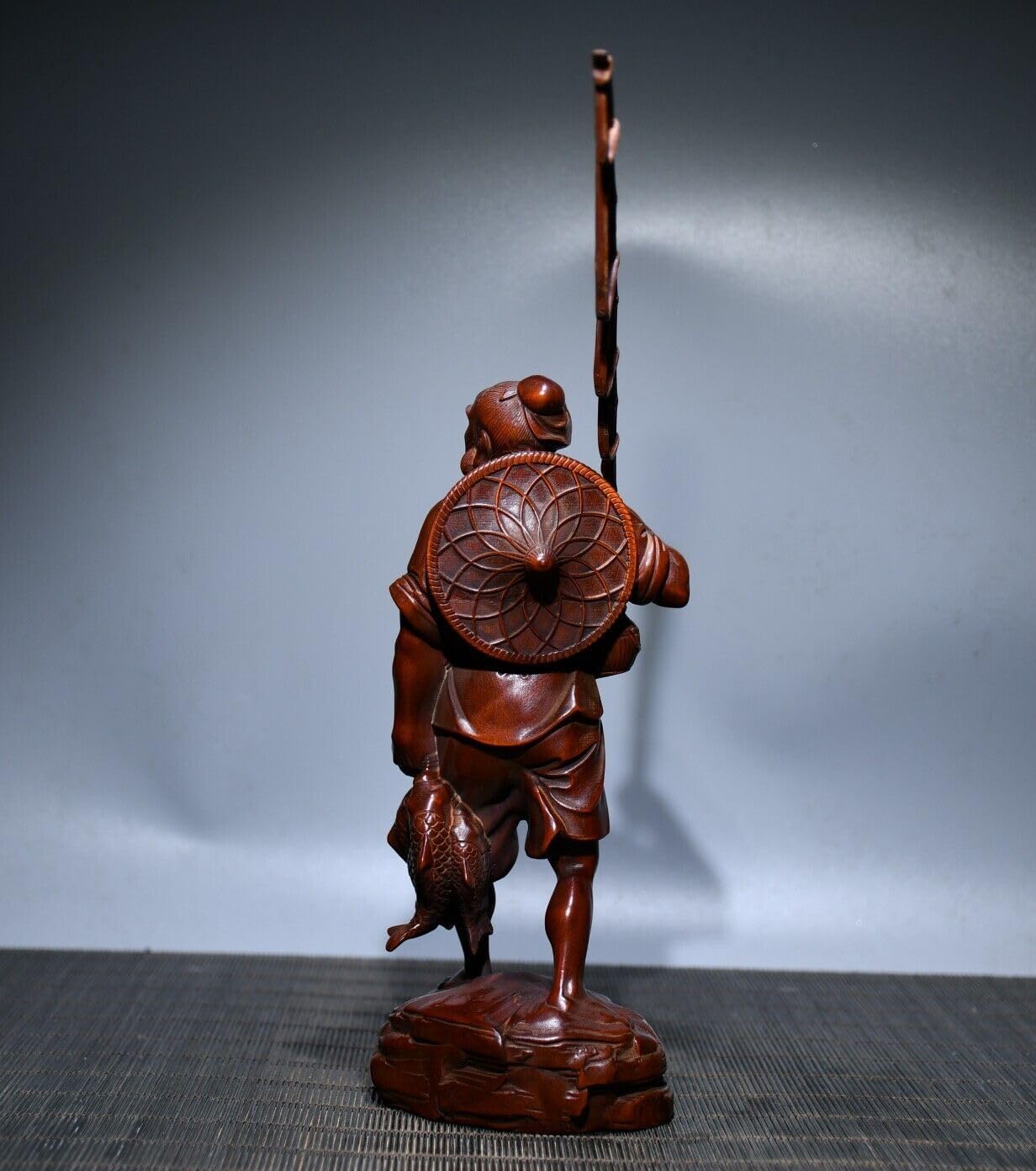 Handcrafted Boxwood Fisherman Statue Meditating Home Decor
