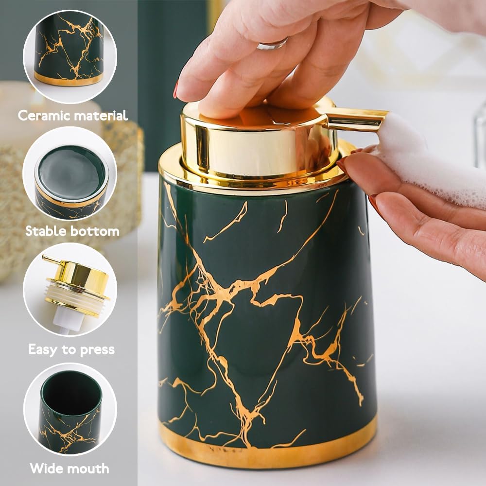 Ceramic Foaming Soap Dispenser with Gold Pump 135Oz White Marble Design