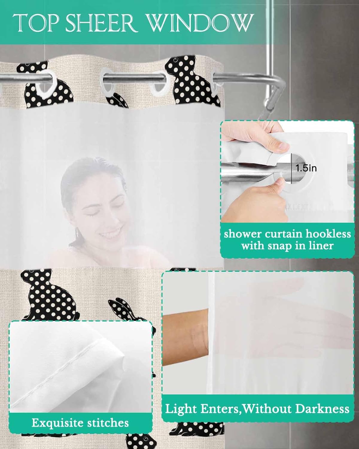 Anzona No Hook Easter Rabbit Shower Curtain Set
