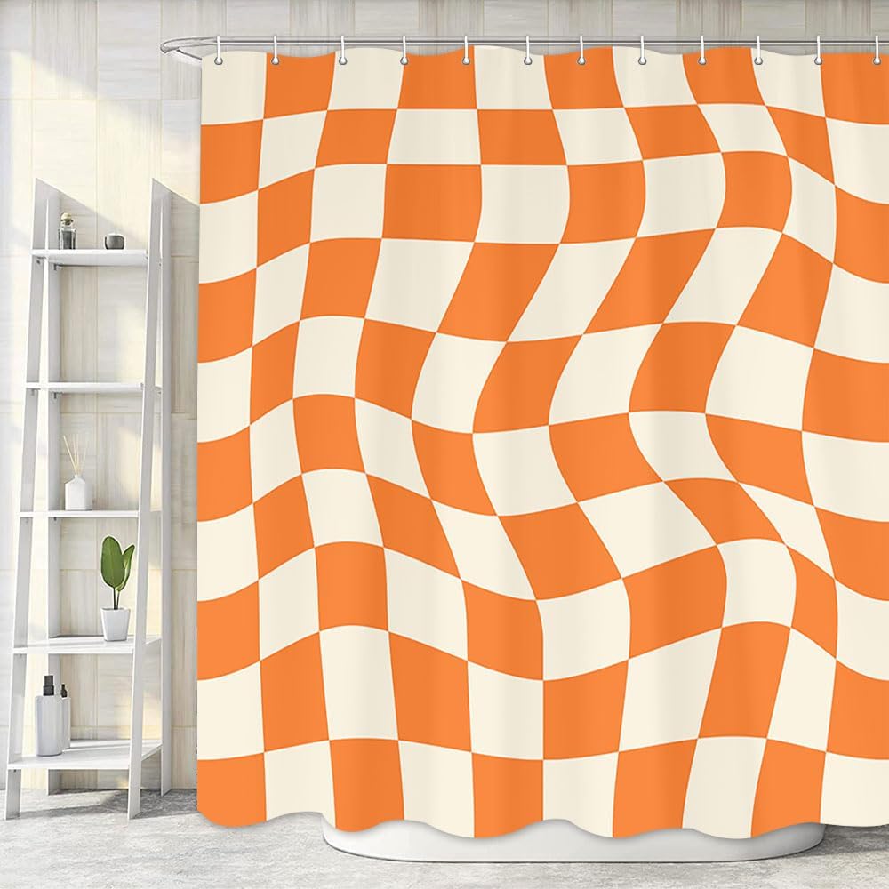 Boho Beige Checkerboard Shower Curtain with 12 Hooks 72x72in