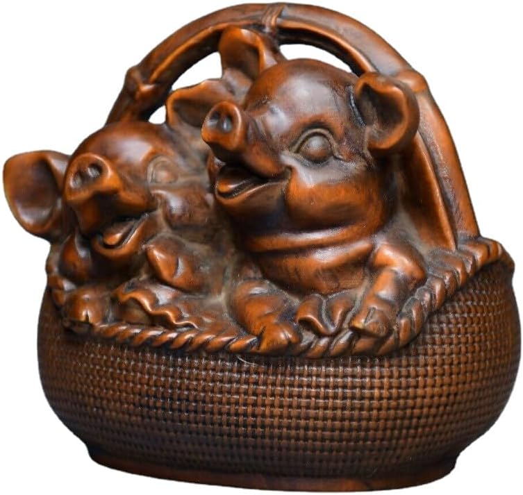 LimpaC Collection Boxwood Two Pig Statues Handmade Meditating Sculpture Figurine