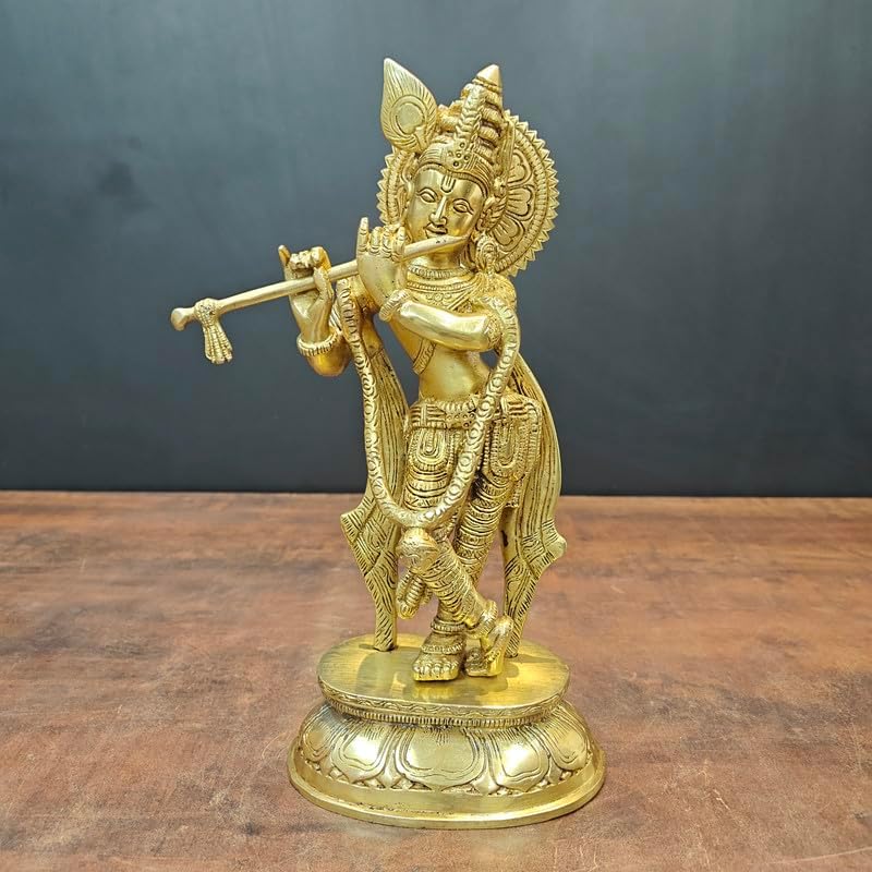Statuestudio Standing Krishna Idol Golden Finish Brass Statue 115 Inch