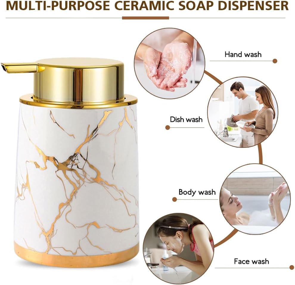 Ceramic Foaming Soap Dispenser with Gold Pump 135Oz White Marble Design