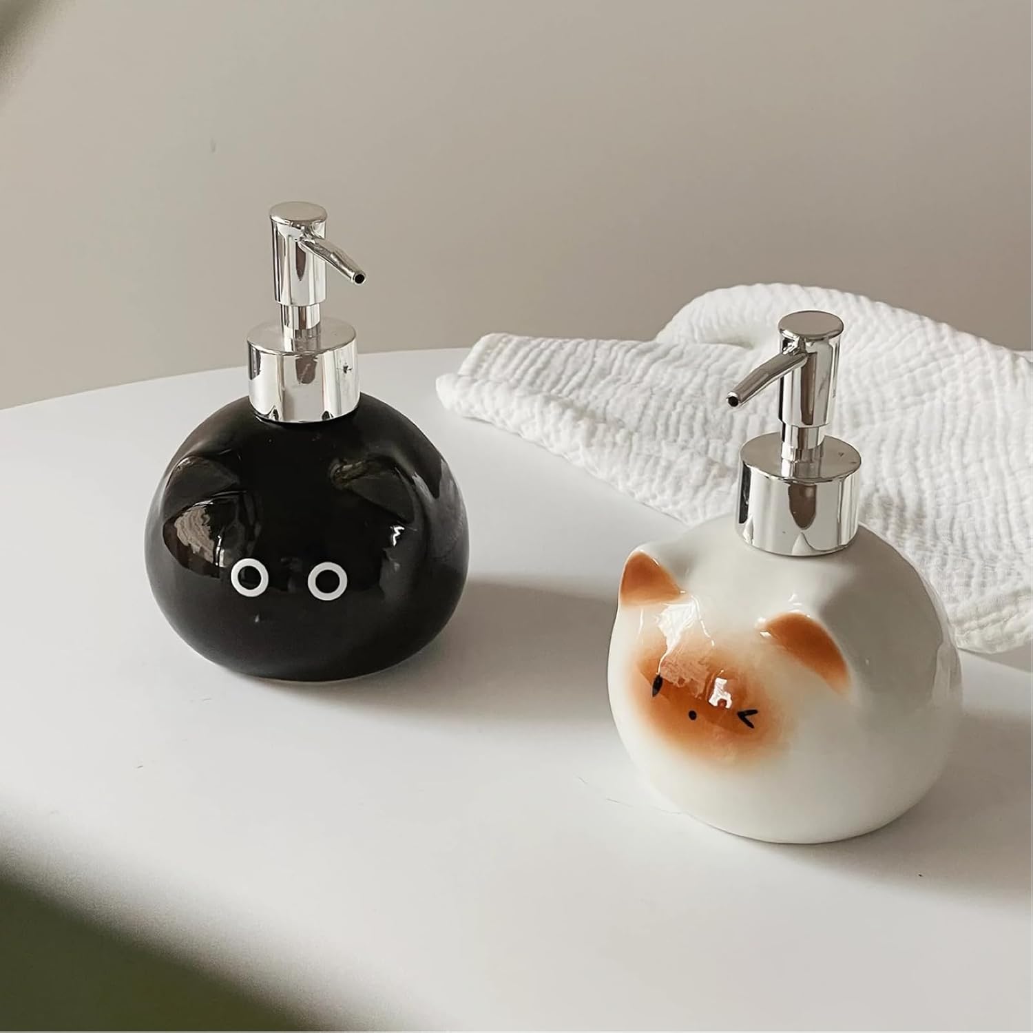 Ceramic Cat Soap Dispenser with Stainless Steel Pump 15 oz Refillable