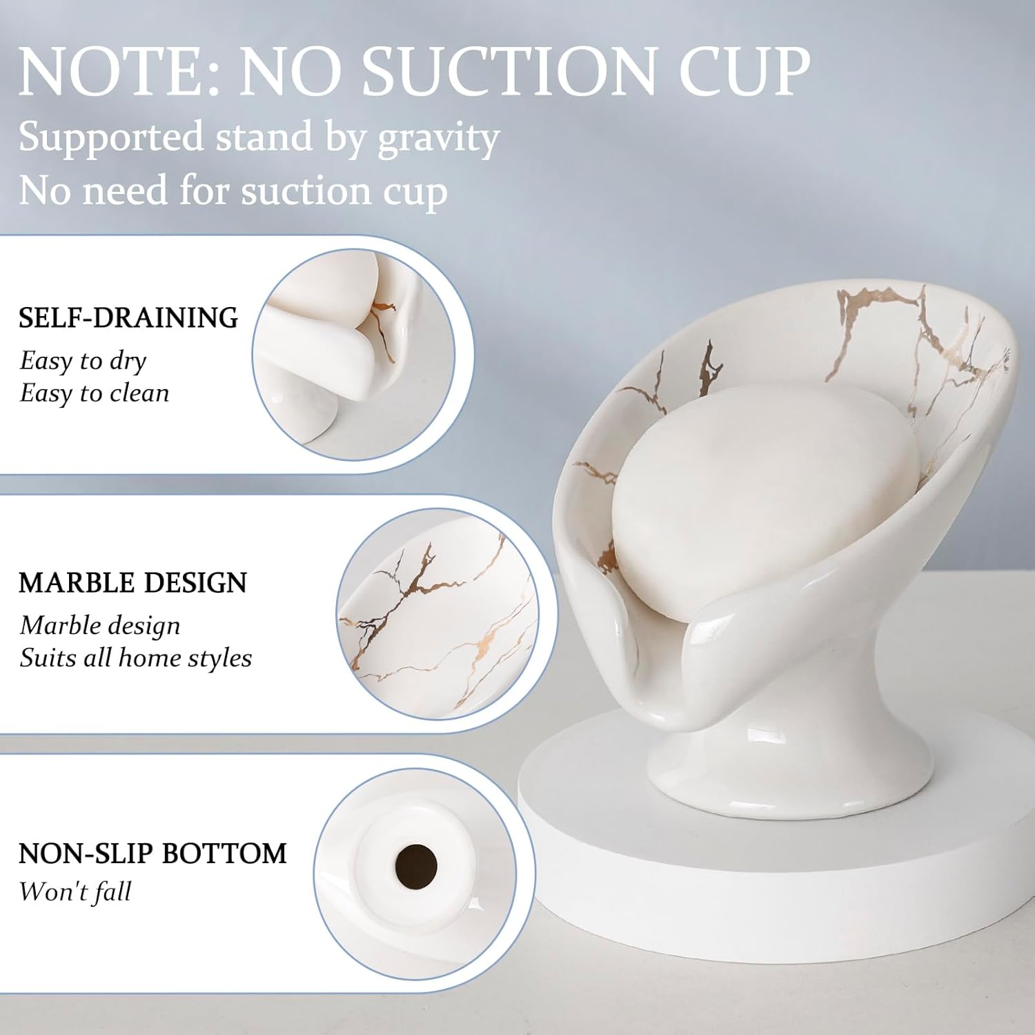 Self Draining Leaf Shape Ceramic Soap Dish with White Gold Marble Pattern