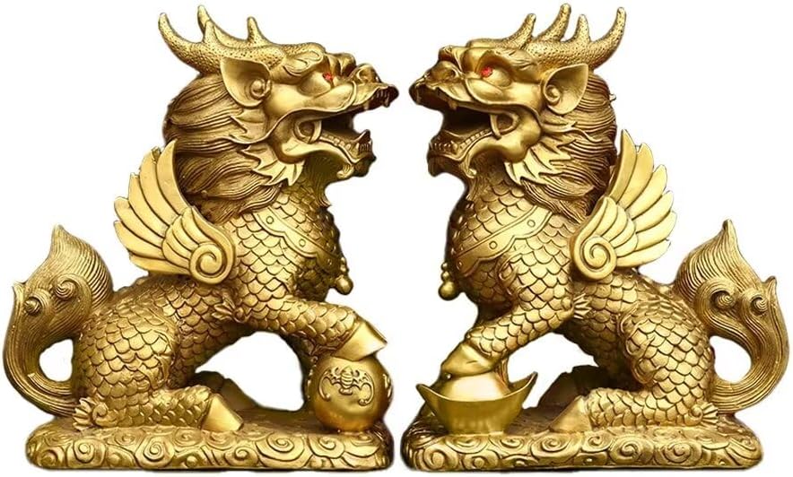 Brass Kirin Statue Fengshui Decor Home Office Ornament