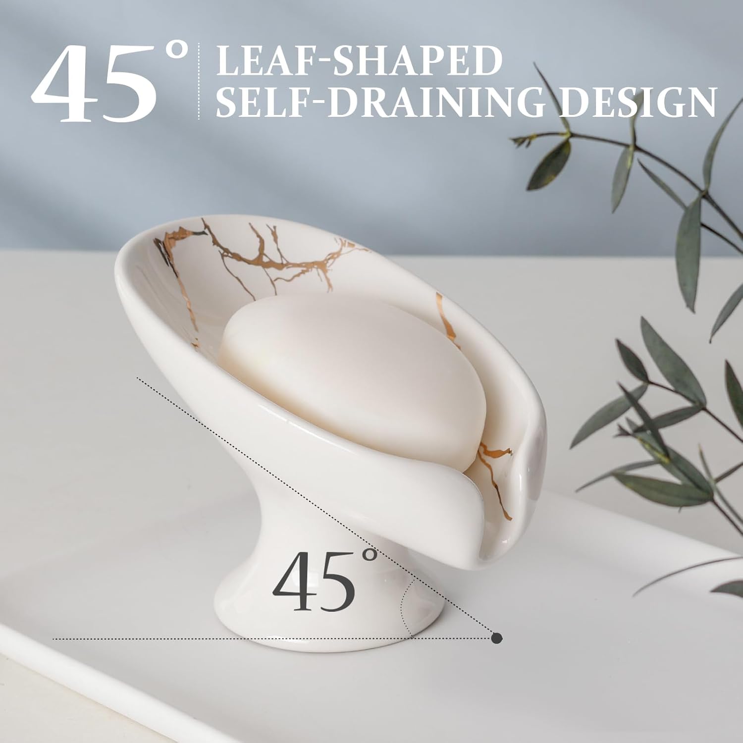 Self Draining Leaf Shape Ceramic Soap Dish with White Gold Marble Pattern