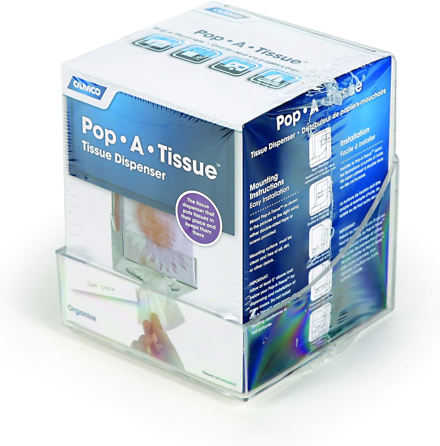 Camco Pop-A-Tissue Tissue Box Holder - Clear Easy Install WallCabinet Mount