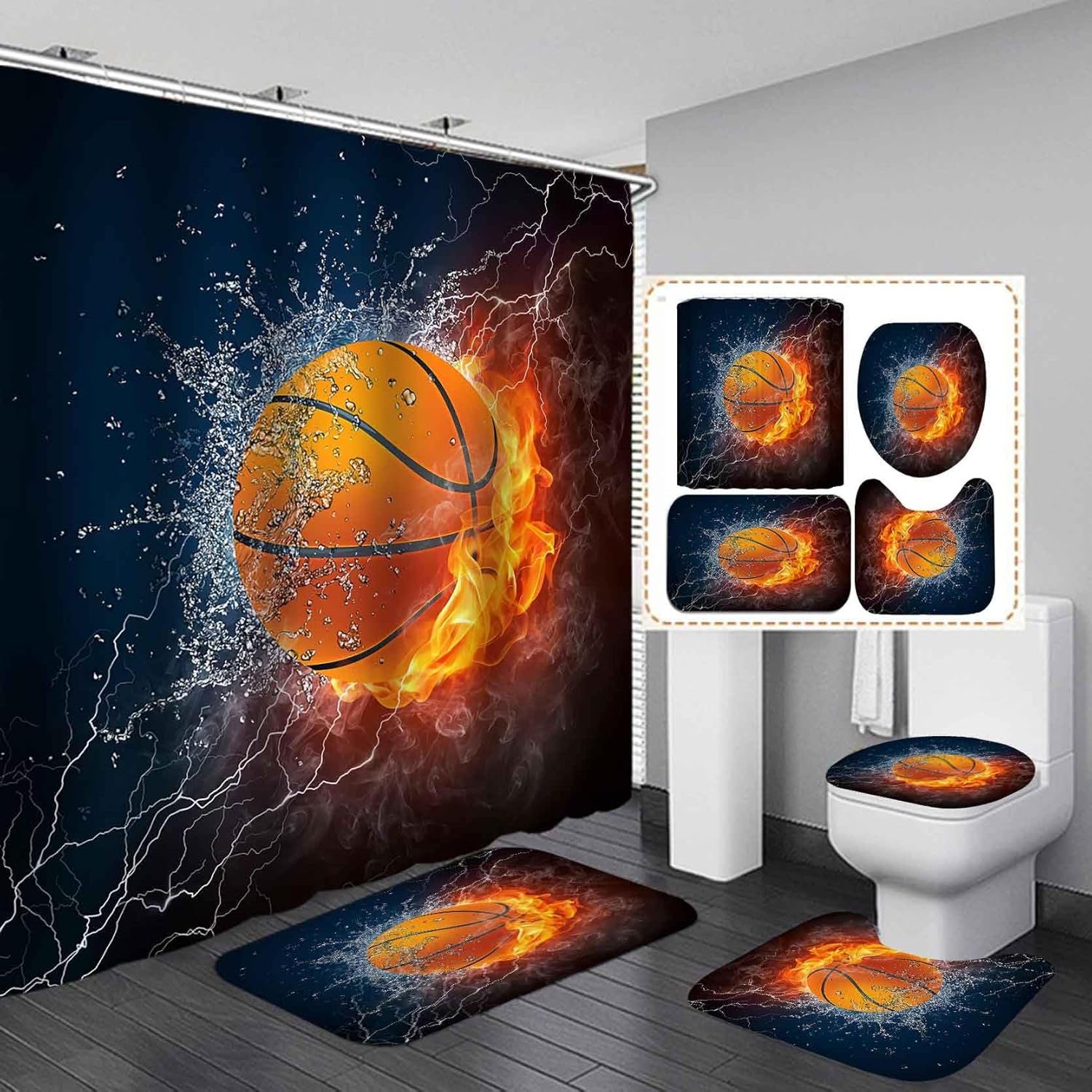 OLEBETY 4PCS Flaming Basketball Shower Curtain Set