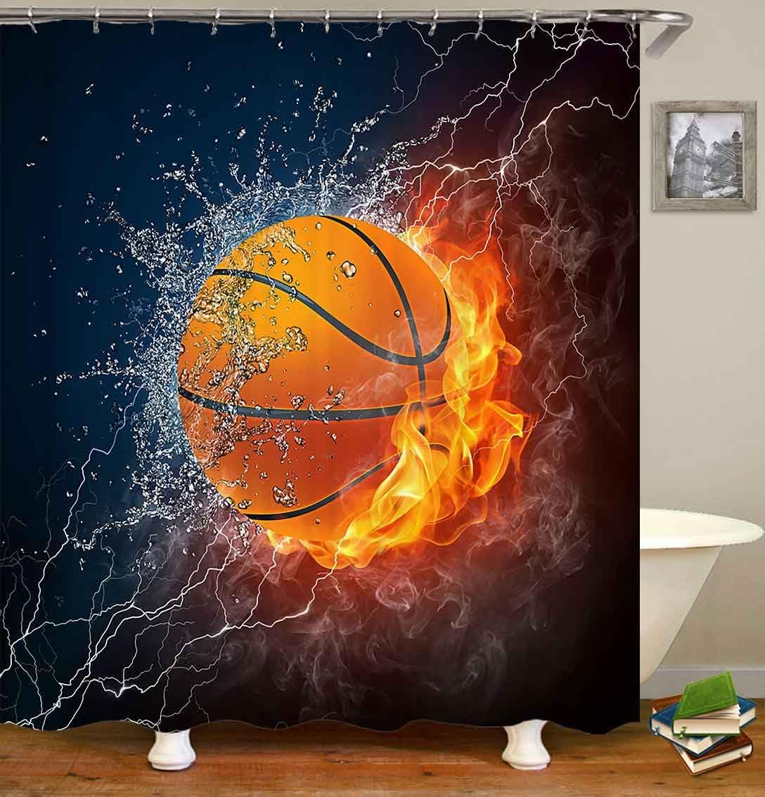 OLEBETY 4PCS Flaming Basketball Shower Curtain Set