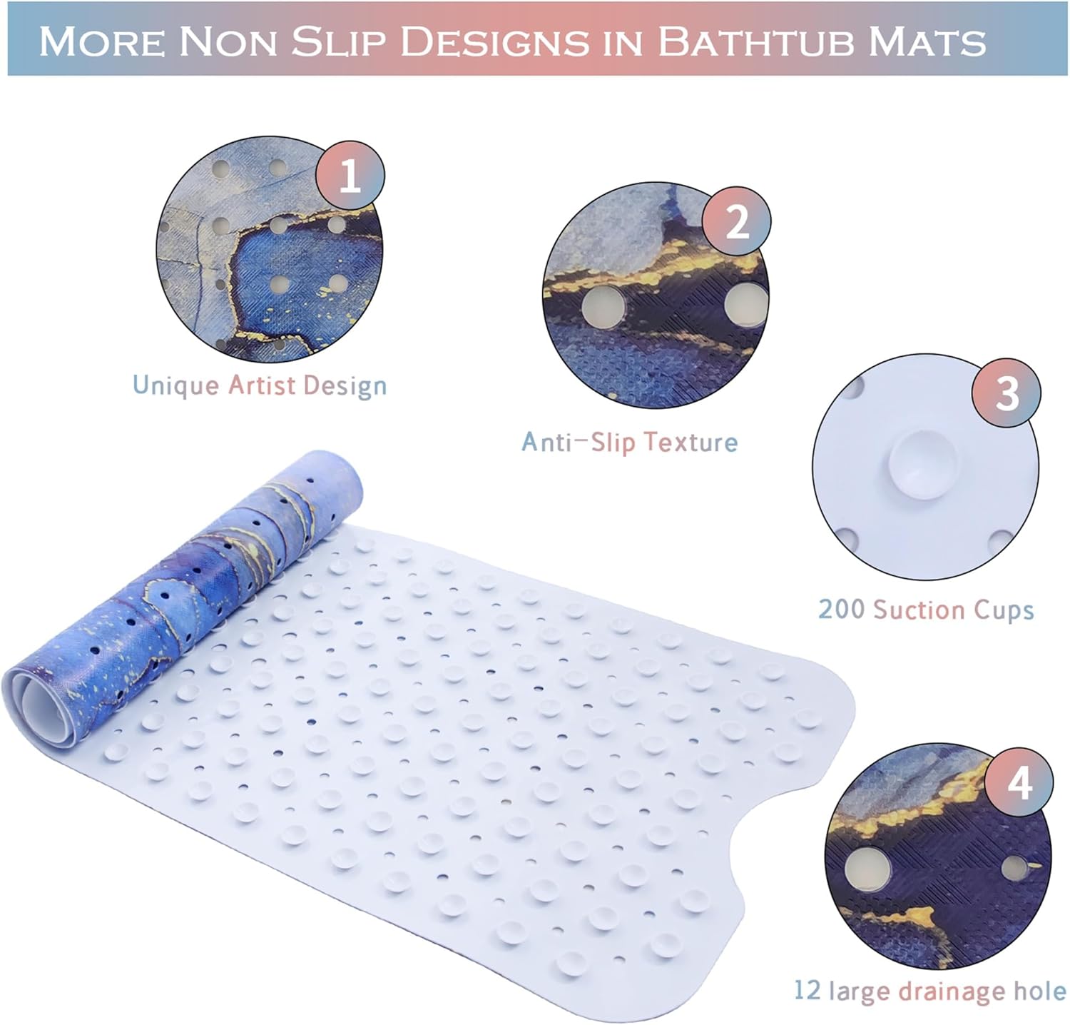 Denifeiya Blue Non Slip Marble Bathtub Mat 40x16
