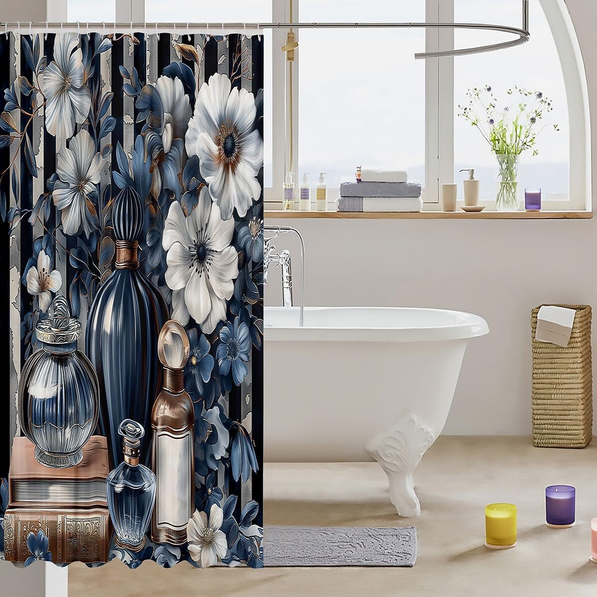 Erosebridal Blue Floral Bath Curtain with Stripe Design