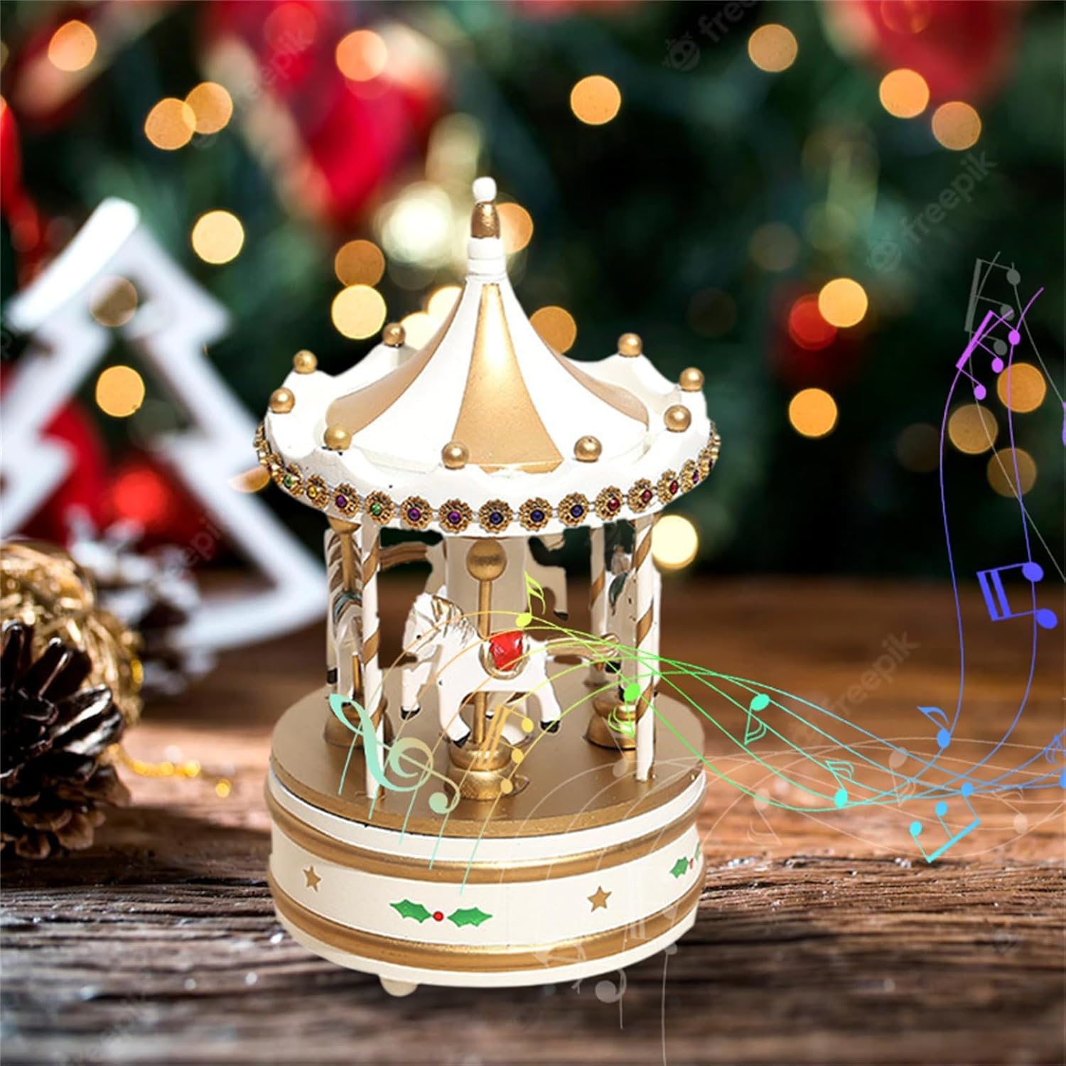 Nudsfuii Gold Wood Musical Rotating Carousel Christmas Figurine Table Decor