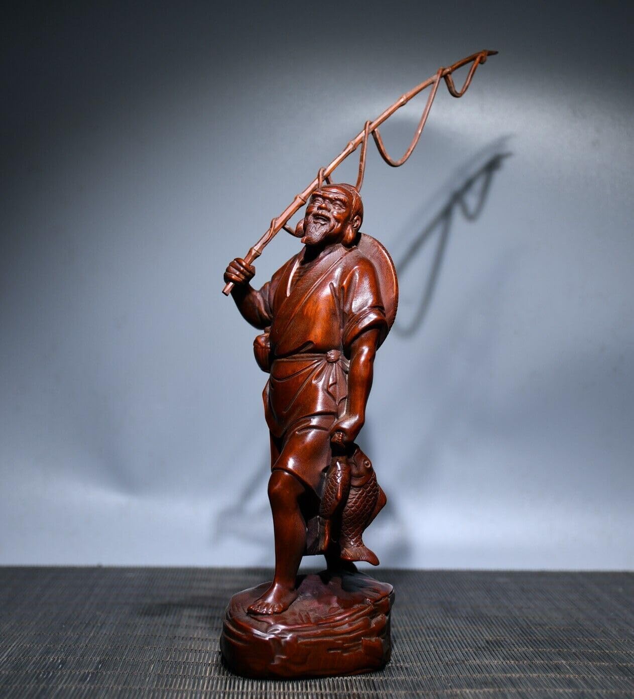 Handcrafted Boxwood Fisherman Statue Meditating Home Decor