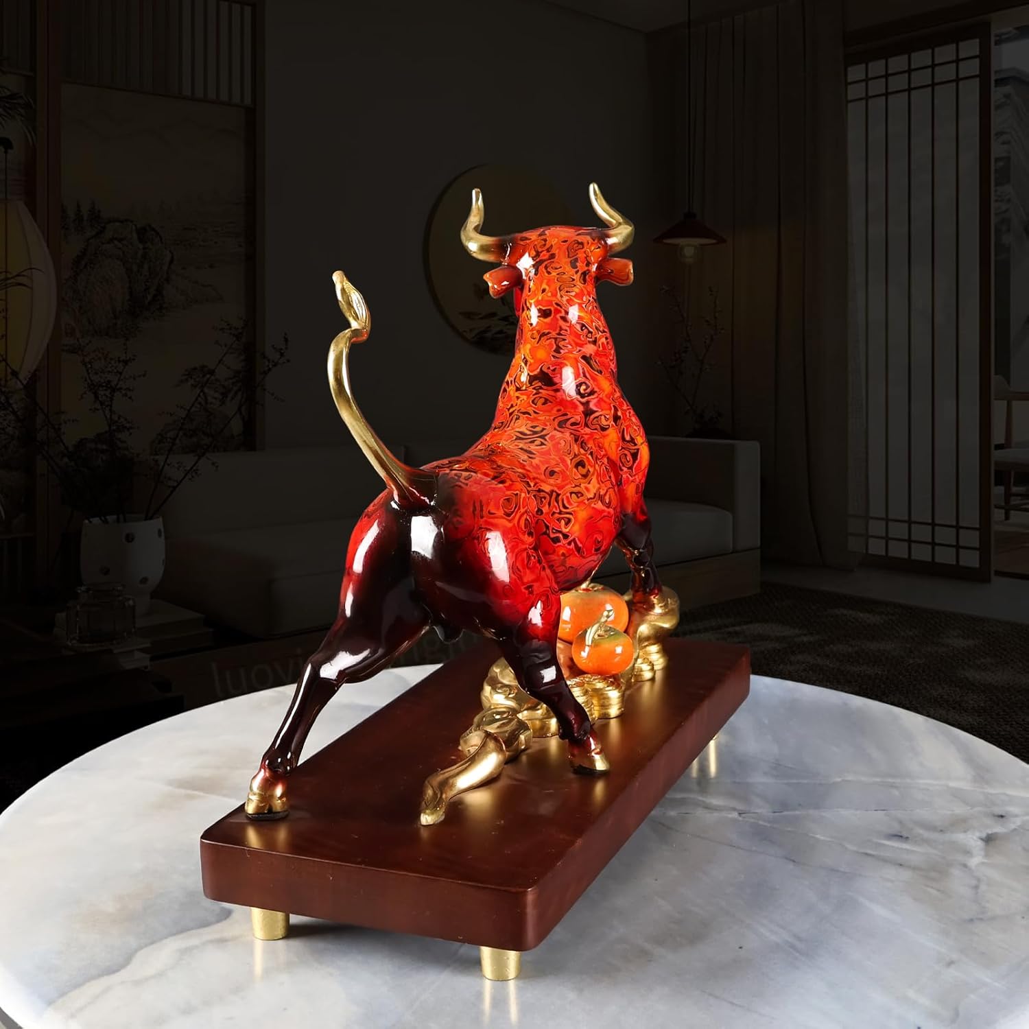 Brass Charging Bull Statue - Red Gold Home Decor Sculpture