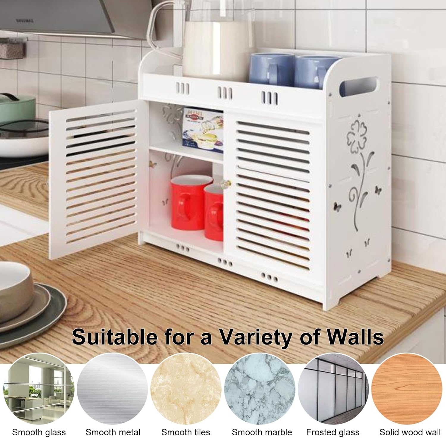 Bathroom Wall Cabinet with Multi-Grid Tiers and Hollow Flower Design