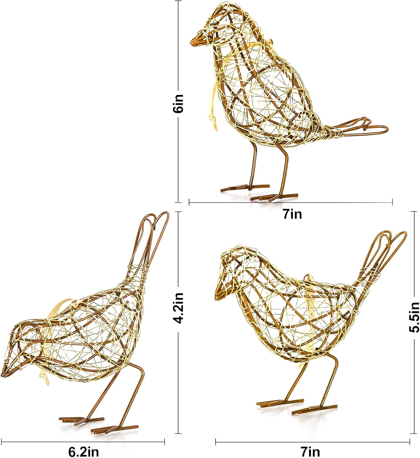 ZZZ TYLOO Gold-Wire Bird Statues Trio Decor Set