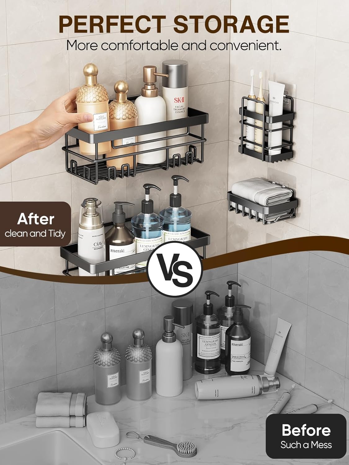 Cobbe 5-Pack Adhesive Shower Caddy with Soap Toothbrush Holder Black