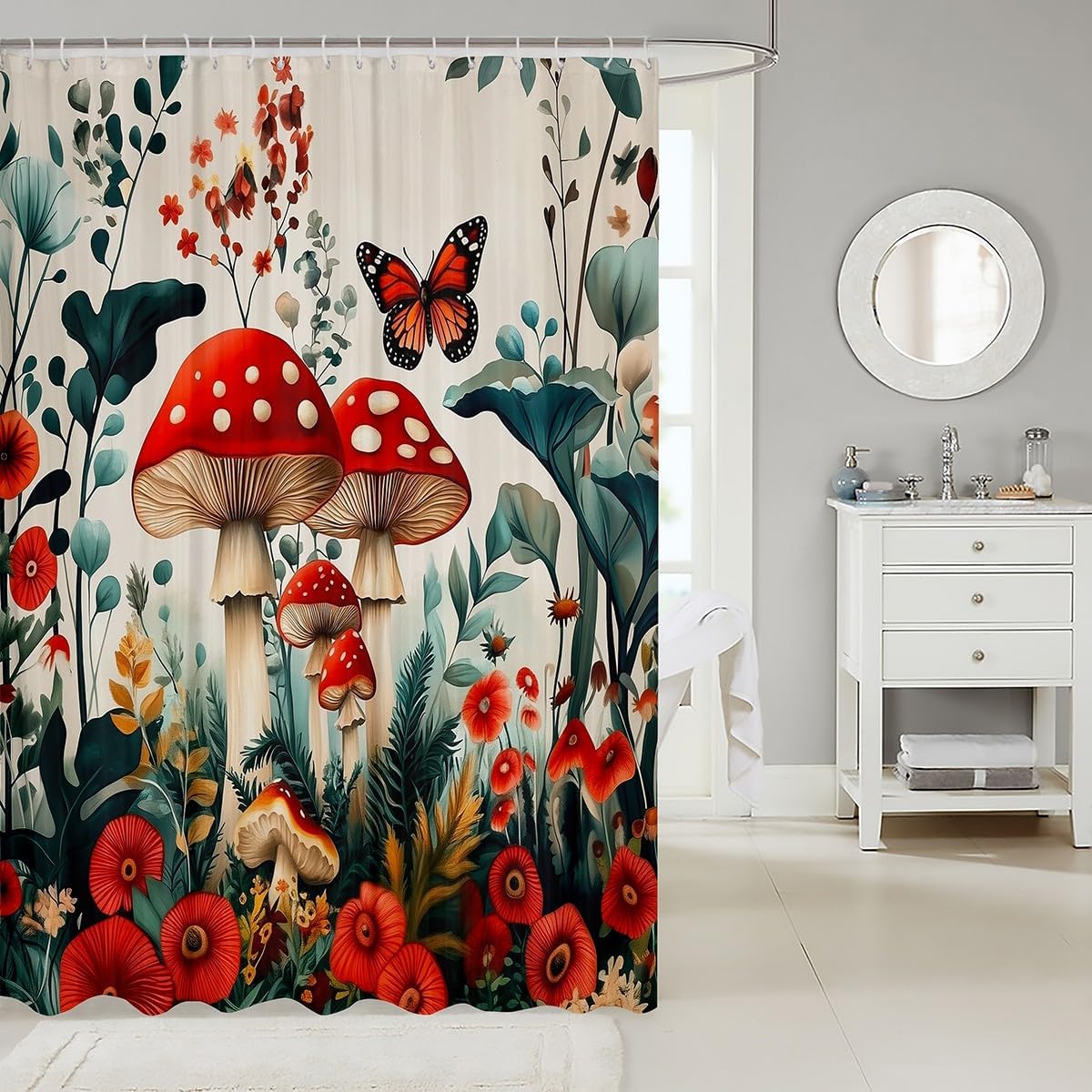 Erosebridal Mushroom Floral Shower Curtain Set